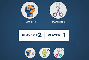 Rock Paper Scissors scoreboard, Player 1 score 2, Player 2 score 1, Interactive Game, Kawi Bawi Bo