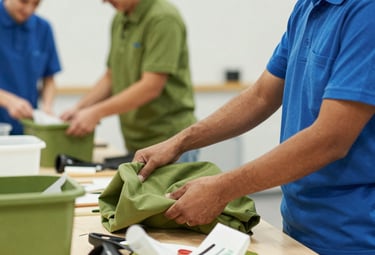 A person organizing recycled materials in a community workspace, focused and hopeful atmosphere, clean environment, colors highlighting olive green #8C9A4D and professional blue #2E8BC0.