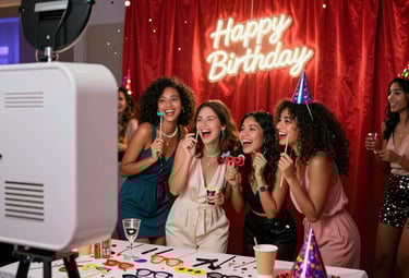 A sleek photobooth setup at a corporate event with guests enjoying the experience.