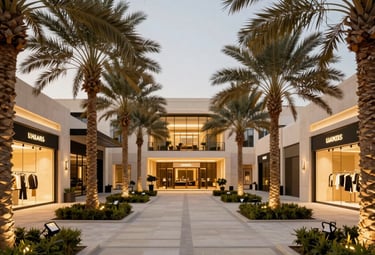 A sophisticated and prestigious brand identity conveying architectural excellence, trust, and luxury living. Architectural photograph of an upscale open-air lifestyle community center in a Middle Eastern / Gulf city. Landscaped palm trees, modern cream walkways, and sleek retail storefronts with warm gold illumination.