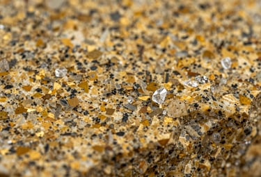 A macro photography shot showing the intricate crystalline texture of golden granite, with flecks of medium brown and tan, soft natural lighting.