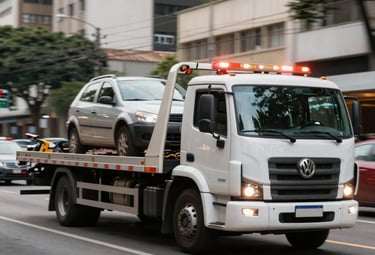 Friendly tow truck driver assisting a customer beside a broken-down car in São Paulo.