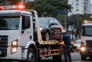 Friendly tow truck driver assisting a customer beside a broken-down car in São Paulo.