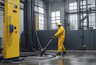 Janitor using professional equipment to clean office floors in a modern space.