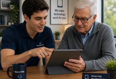 Burlington tech support expert helping customer with smartphone and tablet setup