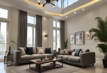 3D interior design visualization showing a cozy and modern living space.