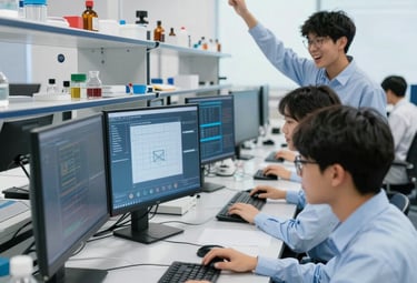 A bright, well-stocked library filled with students studying and collaborating.