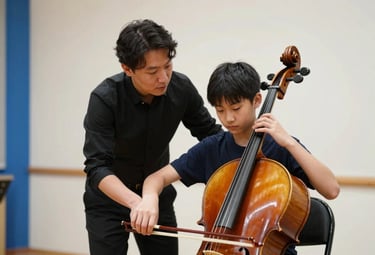 A professional musician mentoring a young student with a cello in a bright room with off-white walls and steel blue accents. Encouraging and educational mood.