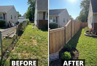 Before and after of a residential backyard featuring a new tall cedar wood privacy fence installation.
