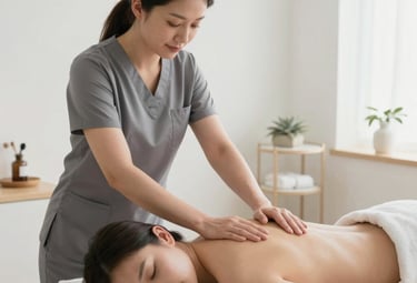 Close-up of hands performing a relaxing therapeutic massage on a client's shoulder.