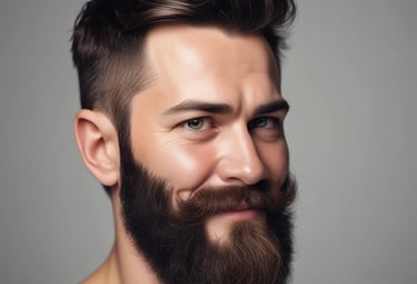 Before and after cartoon illustration of a man with newly transplanted beard looking confident.