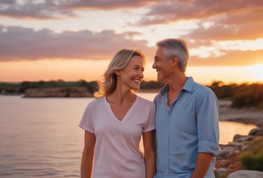 A smiling middle-aged couple watching a sunset, looking relaxed about their future