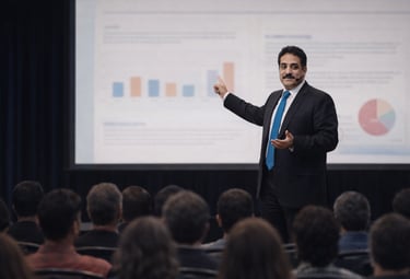 A businessman in a suit gives a data presentation to a large audience at a corporate seminar.