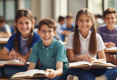 Middle school students collaborating on a science project in a modern classroom.
