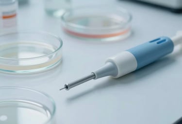 A close-up photograph of assorted laboratory consumables including sterile pipettes and petri dishes on a clean white surface. Soft blue tones and bright, professional laboratory lighting.