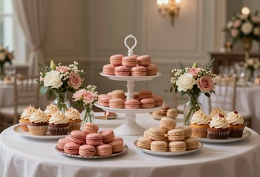 A beautifully arranged sweet table featuring pink and beige macarons, cupcakes with swirl frosting, and small floral arrangements in a chic French reception hall. Soft lighting, high-end event style.