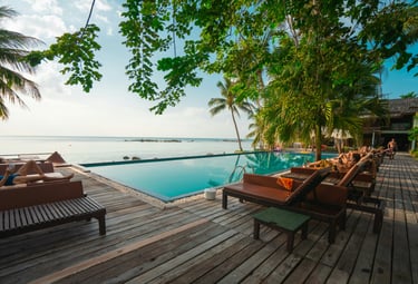 Pool overlooking the ocean on a wooden deck surrounded by palm trees, perfect for tropical resort and vacation travel content