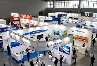 Wide angle overhead view of a busy technology trade show with multiple corporate exhibition booths.