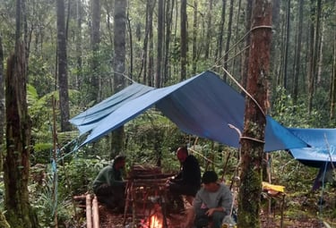 a group of people sitting around a fire pit underneath the tarpaulin during the jungle survival trip
