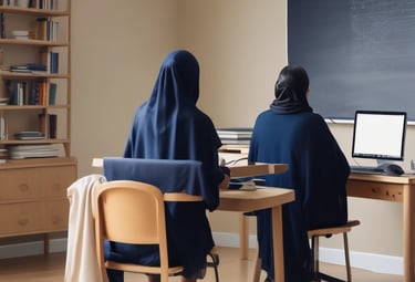 A smiling tutor guiding a student through Quran pronunciation on a tablet.