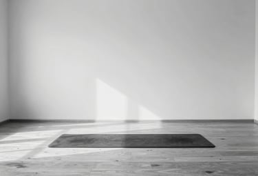A minimalist black and white photograph of a serene yoga studio. Bright alabaster light fills the room, showing a single mat on a clean wooden floor with soft graphite shadows.