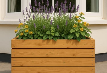 Pillar to Post wooden planter with lavender, outside a house
