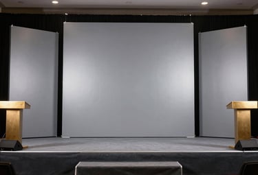 A high-end photography shot of a corporate stage setup in Jharkhand, featuring professional lighting, sleek silver-gray backdrops, and muted gold podium accents.