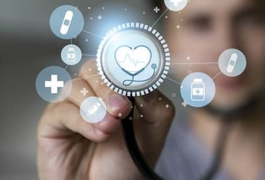 Un médico utilizando un estetoscopio digital con iconos médicos brillantes para la salud del corazón