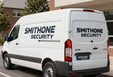 A Smithone Intelligence Ltd cash carrying van with clear branding parked outside a Nigerian business.