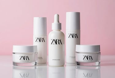 Modern skincare serums and creams in minimalist white and transparent glass bottles, reflecting a clean Zara Beauty aesthetic. Placed on a reflective surface with soft pink ambient lighting, evoking a sense of purity and premium quality.
