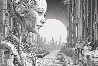 A serene, dark-toned digital landscape representing an AI-driven immersive world.