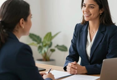 A calm meeting between a lawyer and clients discussing family agreements.