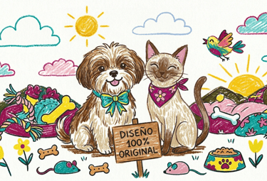 Dibujo a lápiz de un perro Shih Tzu y un gato siamés con accesorios y juguetes para mascotas.