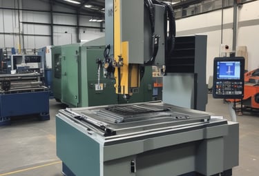 Worker wearing safety gear inspecting metal parts in a factory setting.