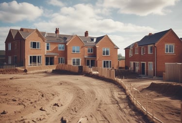 An elegant construction site at dusk with gold-toned cranes against black sky.