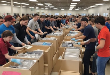 Friendly volunteers organizing donated clothes in a bright community room.