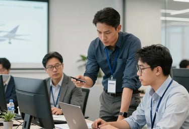 A modern office setting with a team collaborating over aviation marketing strategies.