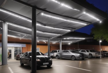 A busy mall parking area equipped with digital signs and illuminated parking stalls at night.