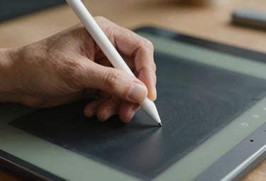 Close up of a professional hand holding a stylus, working on a tablet with charcoal slate and sage grey interface elements.