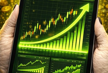A person holding a tablet displaying a bullish stock market chart with a rising green arrow and glowing gold coins.