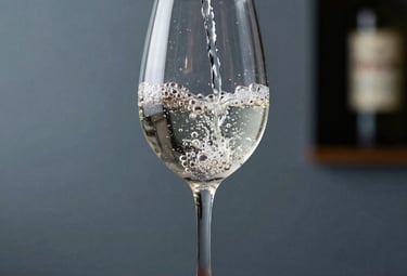 An elegant pour of clear spirit into a chilled tall glass. Bubbles and light reflecting through the liquid. Sophisticated photography, focus on the texture of the glassware, Brazilian upscale lounge atmosphere with soft blue-grey tones.