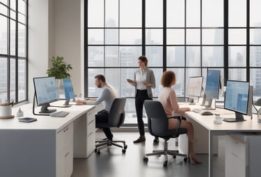 Customer happily discussing web design plans on a tablet during a meeting.