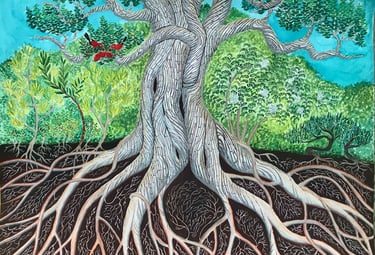 A painting of pair of ʻiʻiwi birds in an ohia tree, surrounded by native plants, by Erzsi Palko.su