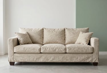 A sleek, low-profile linen sofa in a soft beige color, positioned in a bright, minimalist living room with white walls and a muted green accent wall. The style is European modernism with a South Asian / Indian sense of warmth and space.