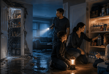 A family uses flashlights to gather emergency supplies in a flooded home during a natural disaster.
