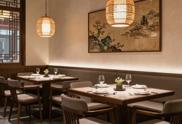 Elegant restaurant interior with warm lighting and neatly set tables ready for guests.