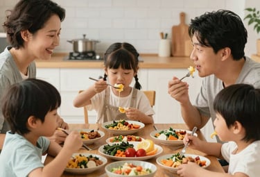 A cheerful child stirring ingredients in a mixing bowl alongside a smiling coach.