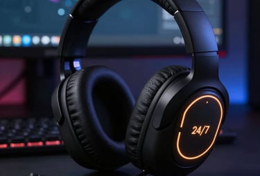 A sleek neon red headset icon representing 24/7 customer support on a dark gaming background.