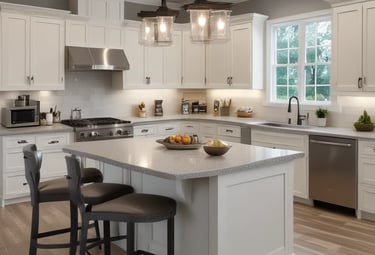 A beautifully staged living room digitally furnished with warm lighting and tasteful decor.