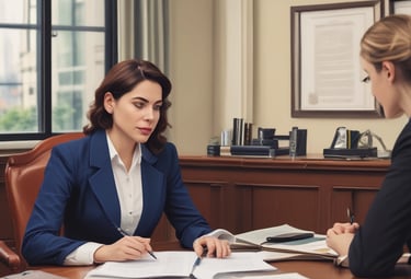 Professional consultation between a patent attorney and a client in a bright office.